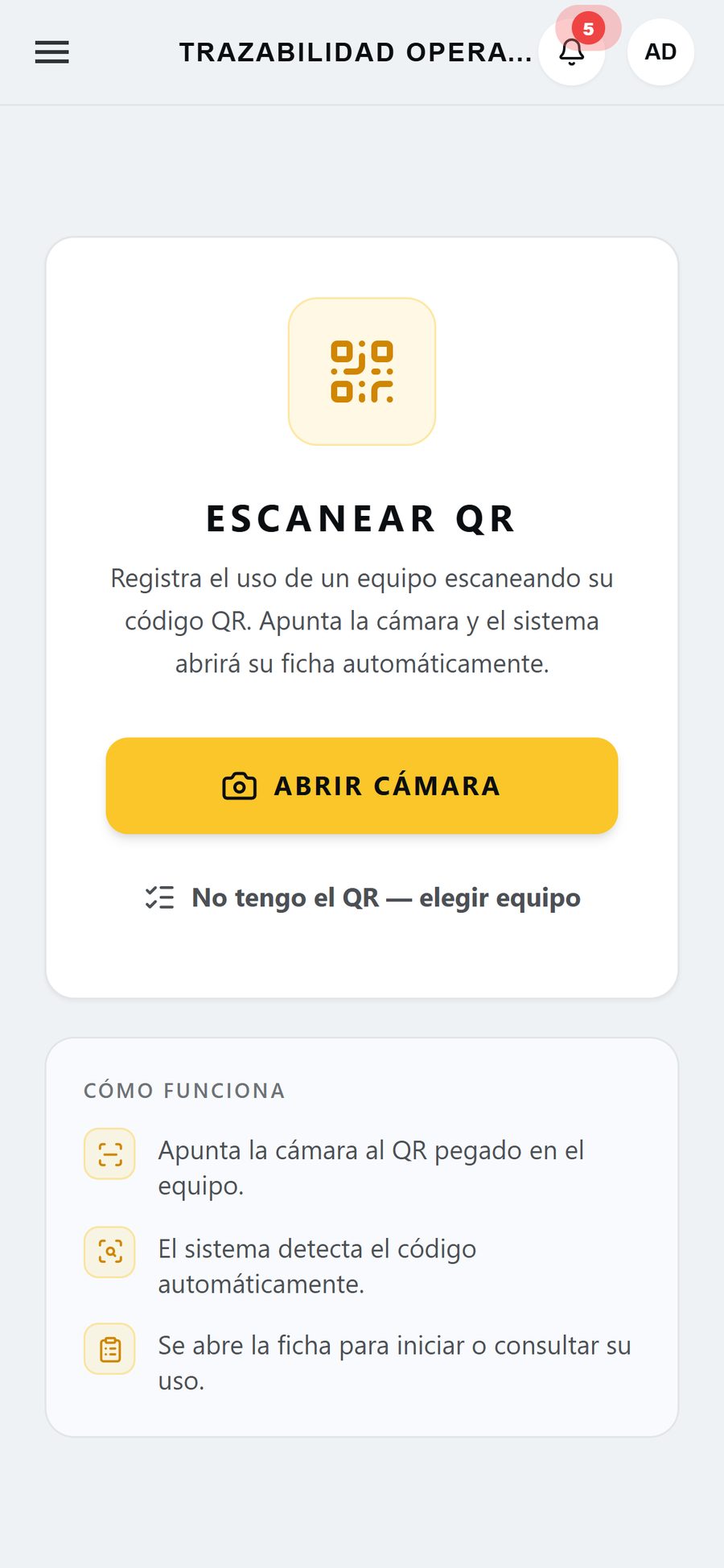 Pantalla Escanear QR de sworkc en un teléfono: abrir cámara, elegir equipo sin QR y pasos de cómo funciona